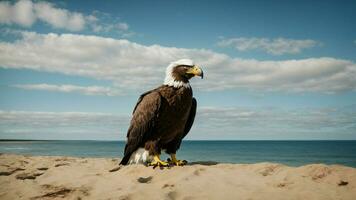 A beautiful summer day with blue sky and a lone Steller's sea eagle over the beach AI Generative photo