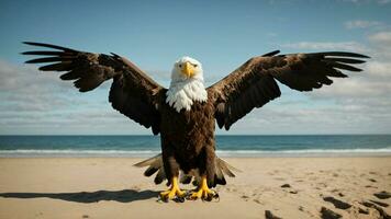 A beautiful summer day with blue sky and a lone Steller's sea eagle over the beach AI Generative photo