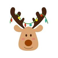 Set of cute reindeer heads isolated on a white background. Funny Simple flat vector illustration Christmas reindeer in hat and garland with light bulbs.