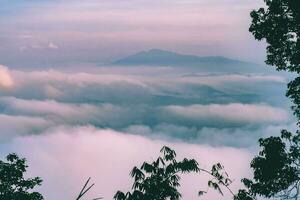 The stunning view from a tourist's standpoint as they go down a hill on a foggy trail with a hill and a background of a golden sky in Forest Park, Thailand. Bird's eye view. Aerial view. photo