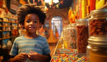 Cute African American boy in candy store. Child chooses sweets, variety and abundance. AI Generative photo