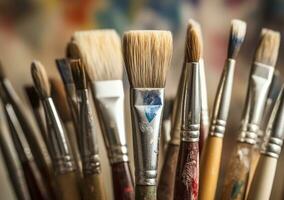 Various brushes for drawing. Artist's tools. Creative workshop for creative works. AI Generative photo