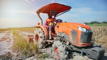 The tractor is plowing a muddy field with sunlight and blue sky photo
