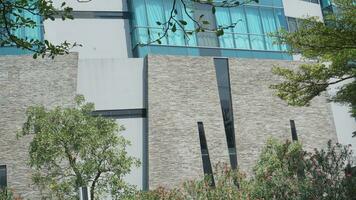 The exterior of the building is decorated with gray granite and blue glass with trees around it for mock up photo