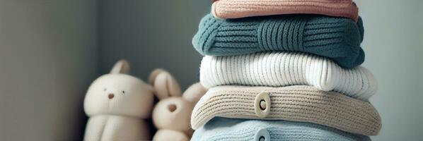 Banner with stack of folded wool knitted baby clothes or blankets. AI Generative. Warm cozy clothes. photo