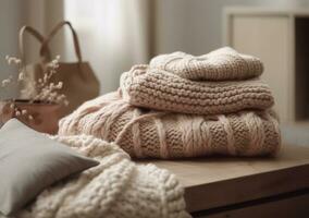 Stack of cotton and knitted colorful clothes on the table. Stacked and folded clean clothing. AI Generative photo