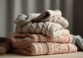 Stack of cotton and knitted colorful clothes on the table. Stacked and folded clean clothing. AI Generative photo