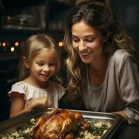 madre y hija preparando un asado pollo cena, ai generativo foto