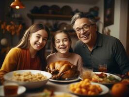 un contento familia Navidad o acción de gracias cena con asado pavo, ai generativo foto