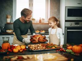 Happy Father and Daughter preparing Thanksgiving Dinner, AI Generative photo