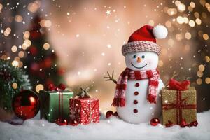 Snowman with christmas tree and gifts, AI Generative photo
