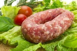 Salami with rosemary, salad and tomatoes photo