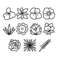 Flower and leaves botanical petals vector icon set collection outline isolated on square white background. Simple flat cartoon art styled drawings.