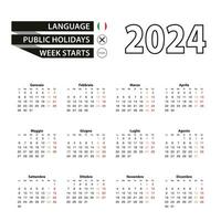 Calendar 2024 in Italian language, week starts on Monday. vector