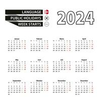 Calendar 2024 in Danish language, week starts on Monday. vector