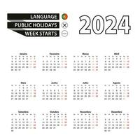 Calendar 2024 in Portuguese language, week starts on Monday. vector