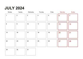 Wall planner for July 2024 in English language, week starts in Monday. vector