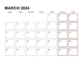 Wall planner for March 2024 in English language, week starts in Monday. vector