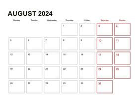 Wall planner for August 2024 in English language, week starts in Monday. vector