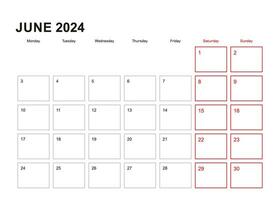 pared planificador para junio 2024 en Inglés idioma, semana empieza en lunes. vector