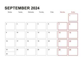 Wall planner for September 2024 in English language, week starts in Monday. vector