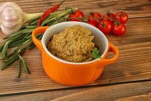 Jewish eggplant dip with oil photo