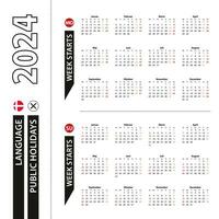 Two versions of 2024 calendar in Danish, week starts from Monday and week starts from Sunday. vector