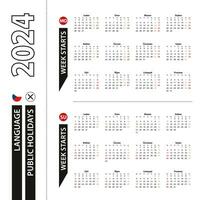 Two versions of 2024 calendar in Czech, week starts from Monday and week starts from Sunday. vector