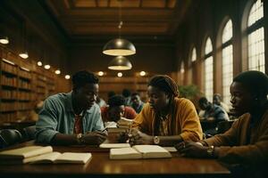 Study group of African people in the university library. AI Generative photo