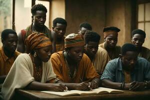 Study group of African people in the university library. AI Generative photo