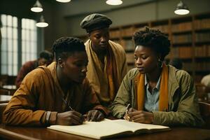 Study group of African people in the university library. AI Generative photo