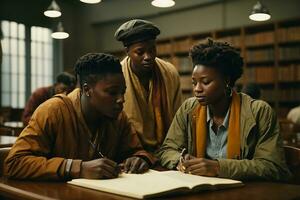 estudiar grupo de africano personas en el Universidad biblioteca. ai generativo foto