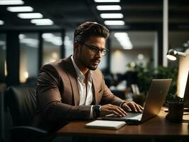 Mature male entrepreneur using laptop and thinking, looking aside while sitting at workplace in office, free space. AI Generative photo