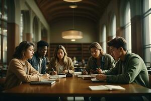 estudiar grupo de americano personas en Universidad biblioteca. ai generativo foto