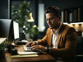 Mature male entrepreneur using laptop and thinking, looking aside while sitting at workplace in office, free space. AI Generative photo