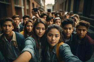 High angle students taking selfie. AI Generative photo