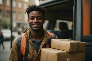 retrato de contento negro mensajero entregando paquetes y mirando a el cámara. ai generativo foto