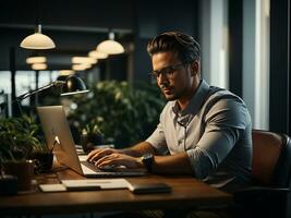 Mature male entrepreneur using laptop and thinking, looking aside while sitting at workplace in office, free space. AI Generative photo