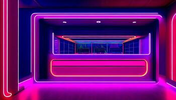 abstract neon background with pink and blue neon lines and reflection on the floor. AI Generative photo