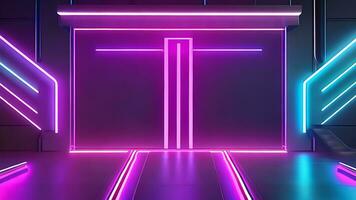 abstract neon background with pink and blue neon lines and reflection on the floor. AI Generative photo