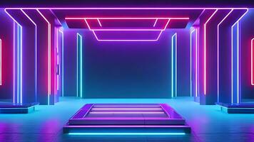 abstract neon background with pink and blue neon lines and reflection on the floor. AI Generative photo