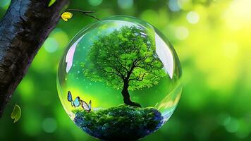 Earth crystal glass globe ball and tree in robot hand saving the environment, save a clean planet, ecology concept. AI Generative photo