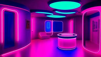 abstract neon background with pink and blue neon lines and reflection on the floor. AI Generative photo