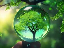 Earth crystal glass globe ball and tree in robot hand saving the environment, save a clean planet, ecology concept. AI Generative photo