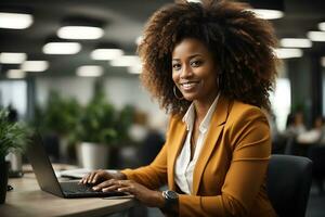 Happy African American businesswoman working in office with laptop. AI Generative photo