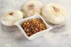 Dried roasted onion flakes for culinary photo