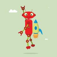 Flying robot character with jetpack, looking new idea, new technology concept vector illustration