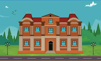 Vector cartoon illustration of the historic old building with road, trees, greenery and field area