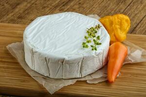 Camembert cheese on wooden background photo