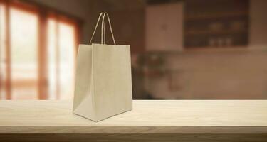 paper bag packaging mockup Empty paper bags on a wooden table in the room photo